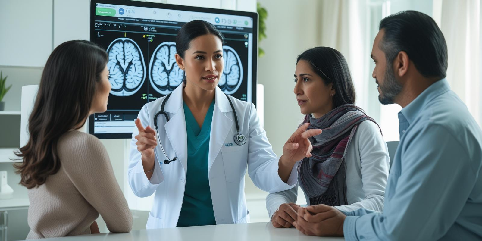 A neurologist consulting with a patient and their family in a hospital office, reviewing brain scan images on a digital screen, conveying expert stroke diagnosis and personalized care.